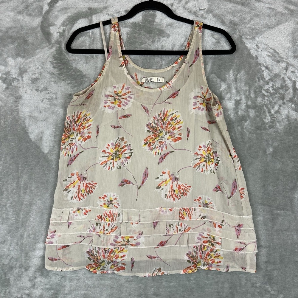 Old Navy Top Women's S Beige w/ Bright Floral Dandelions Print Sheer Lined